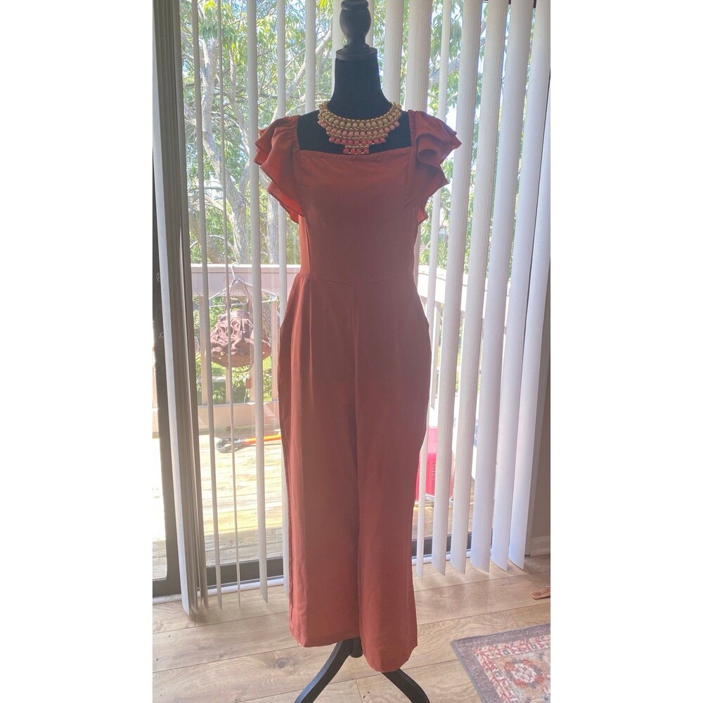 Women's Orange Ruffle Sleeve Wide Leg Jumpsuit